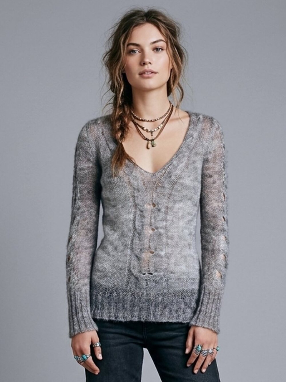 Soft Gray Knit Sweater Top Ribbed Lightweight Layering Sheer Basic S/M